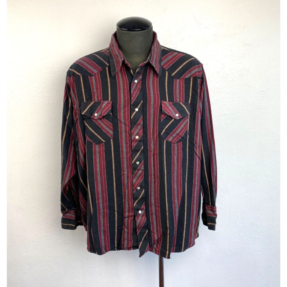 Wrangler Mens Flannel Pearl Snap Shirt 3XL Stripes Red Black Cotton Western